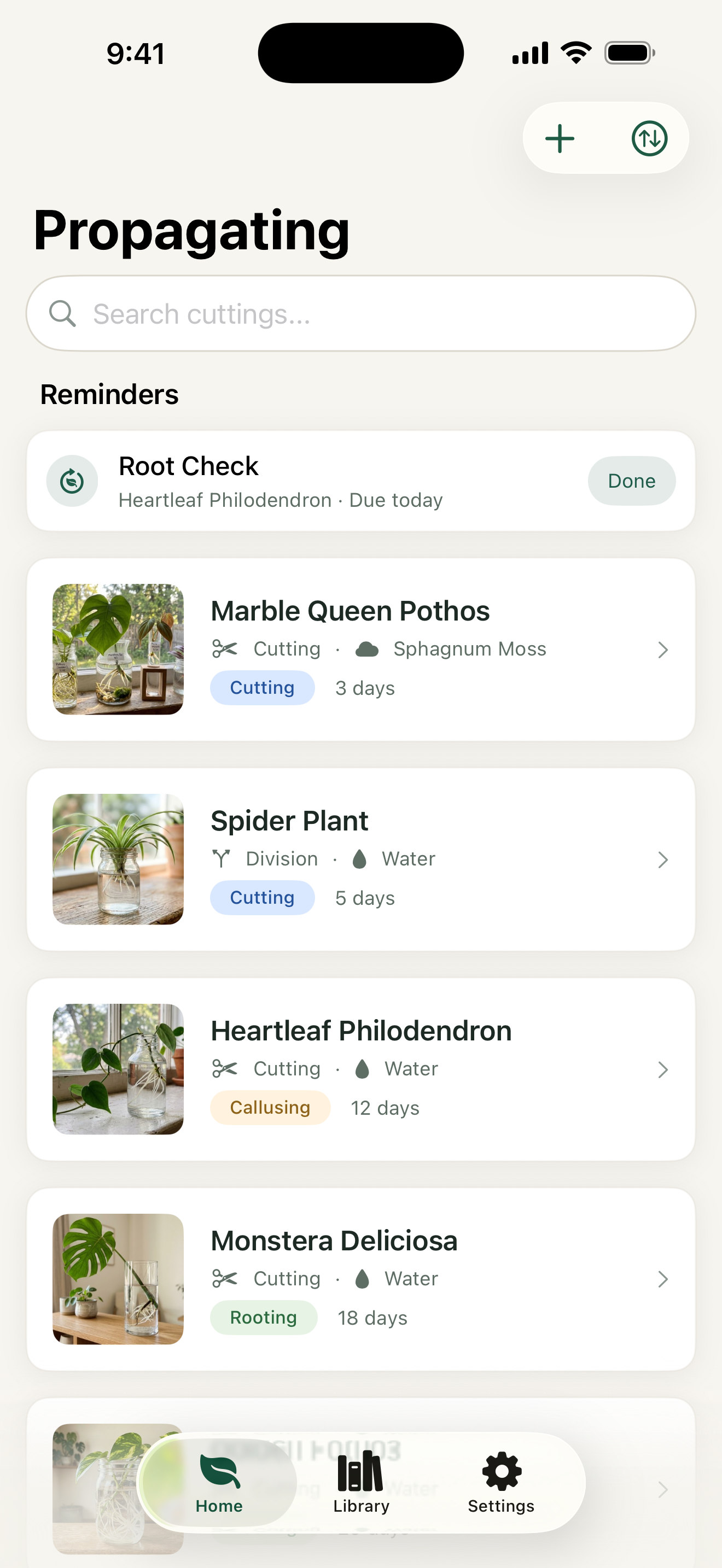 Propagation Journal app showing plant cuttings list